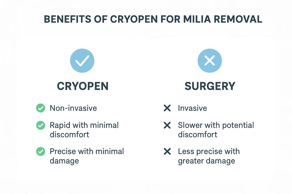 Benefits of cryopen for milia removal Accrington compared to surgical treatments.