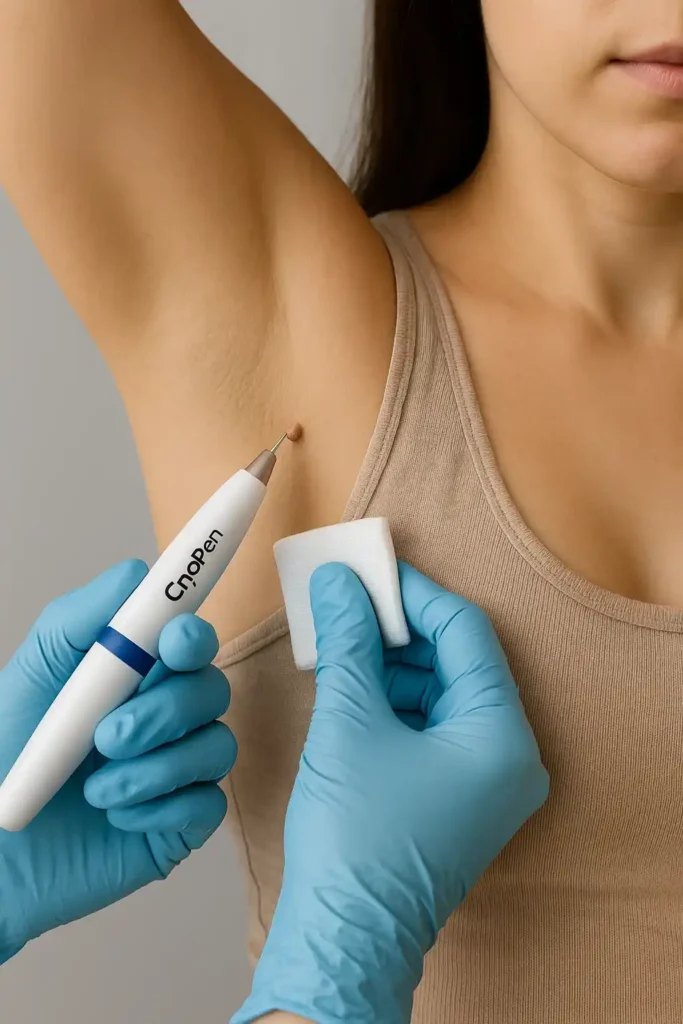woman having cryopen to remove underarm skin tags Accrington