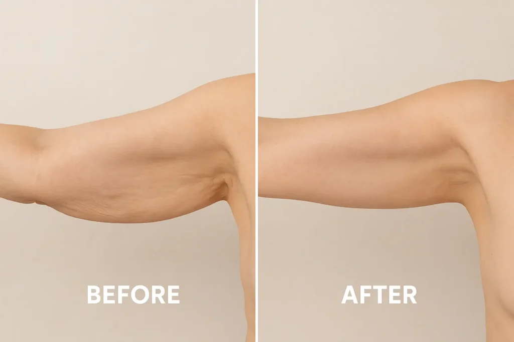 Picture of LA LIPO Accrington before and after results of skin tightening treatment on the upper arms.