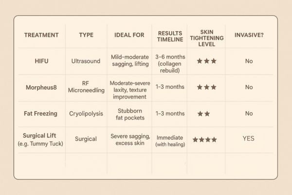 Table showing the comparisons of Skin tightening Accrington treatment options. 